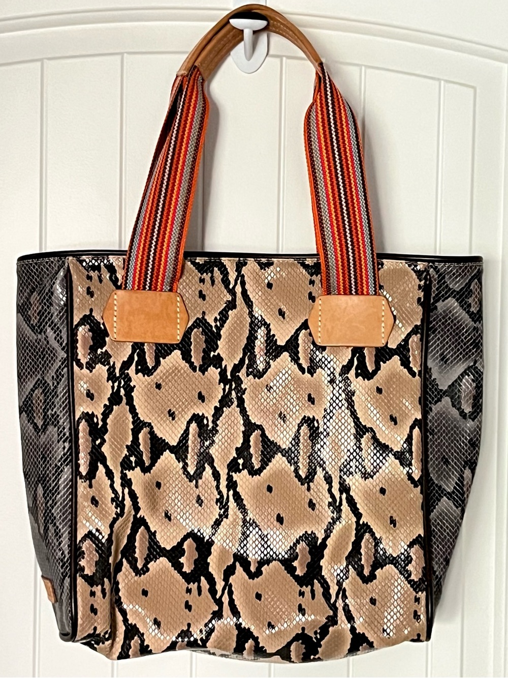Consuela Tan and Black Snake-Print Tote Bag with Striped Handles